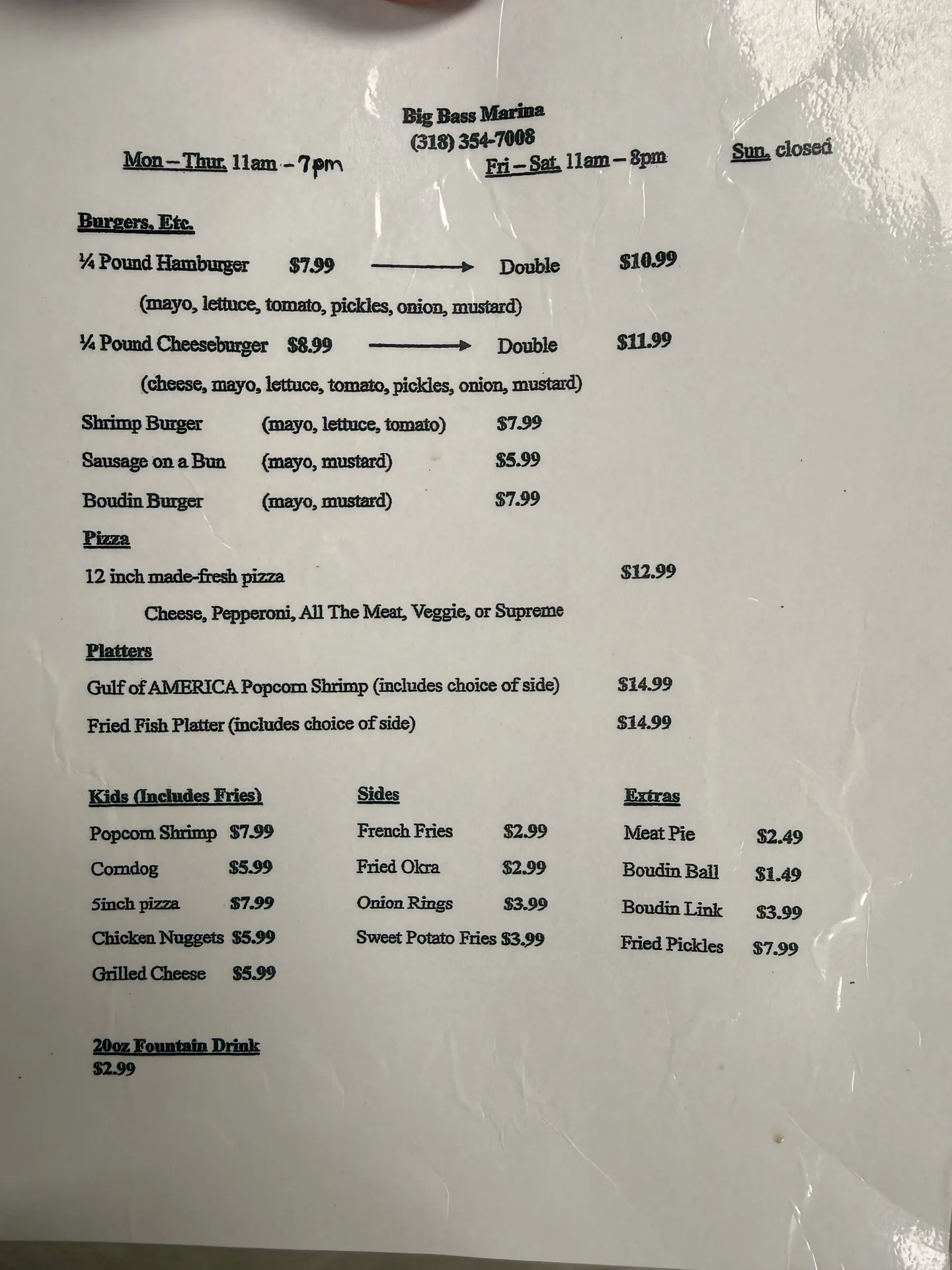 Original printed menu for Big Bass Marina, page 1