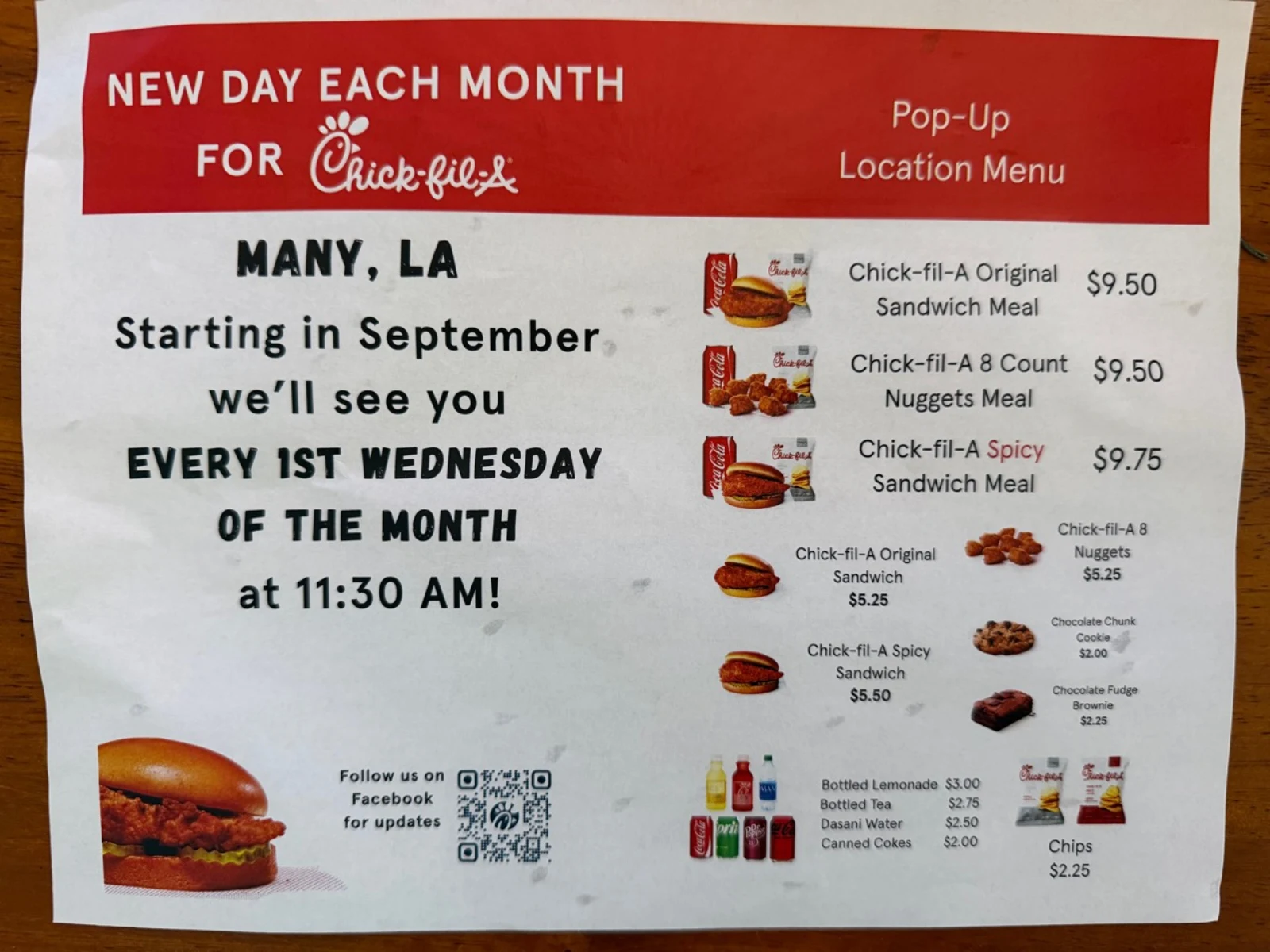 Original printed menu for Chick-fil-A Many Pop-Up, page 1