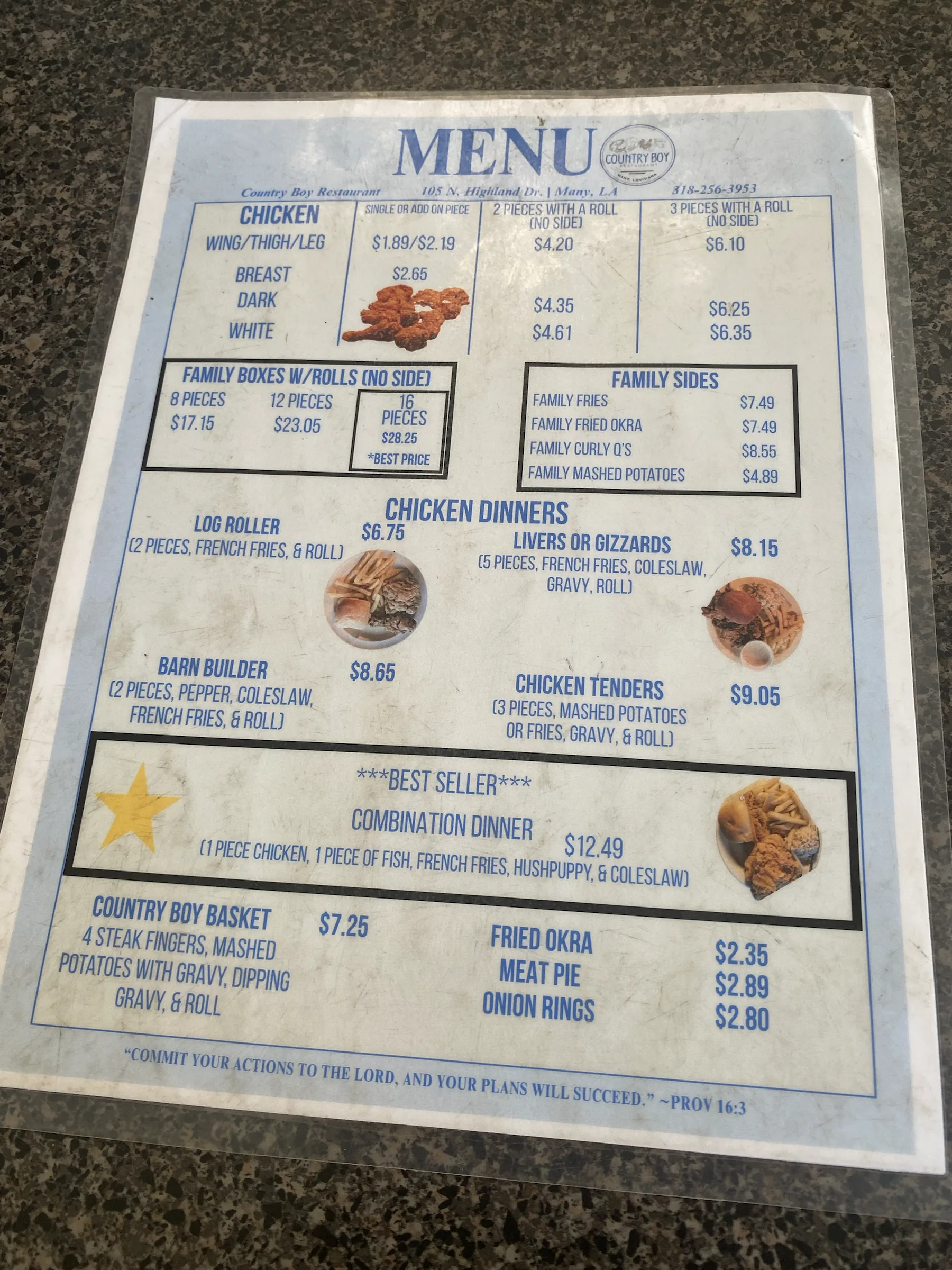 Original printed menu for Country Boy Restaurant, page 1