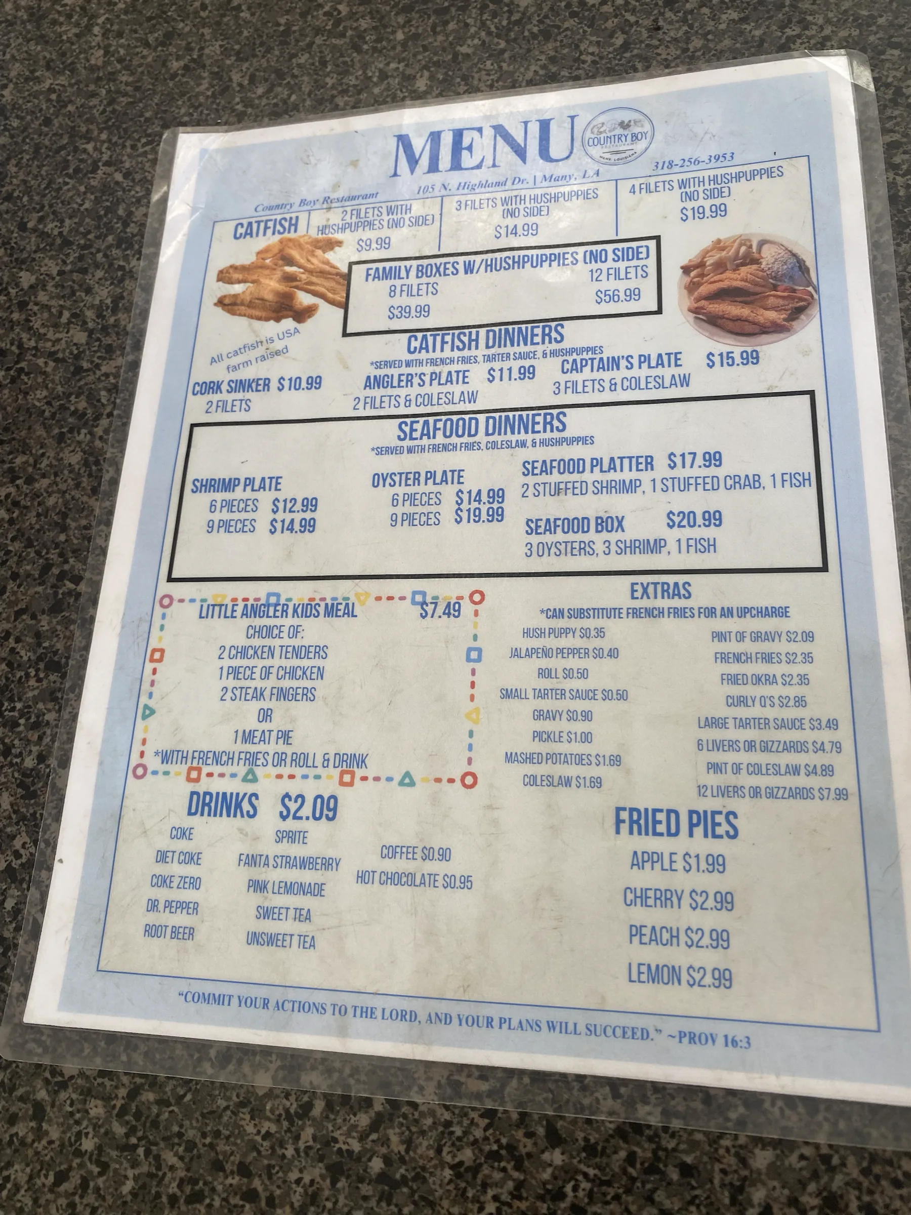 Original printed menu for Country Boy Restaurant, page 2