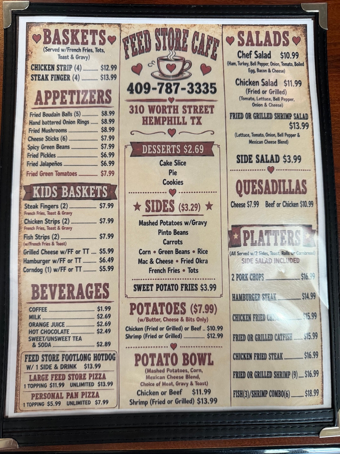 Original printed menu for Feed Store Cafe, page 2