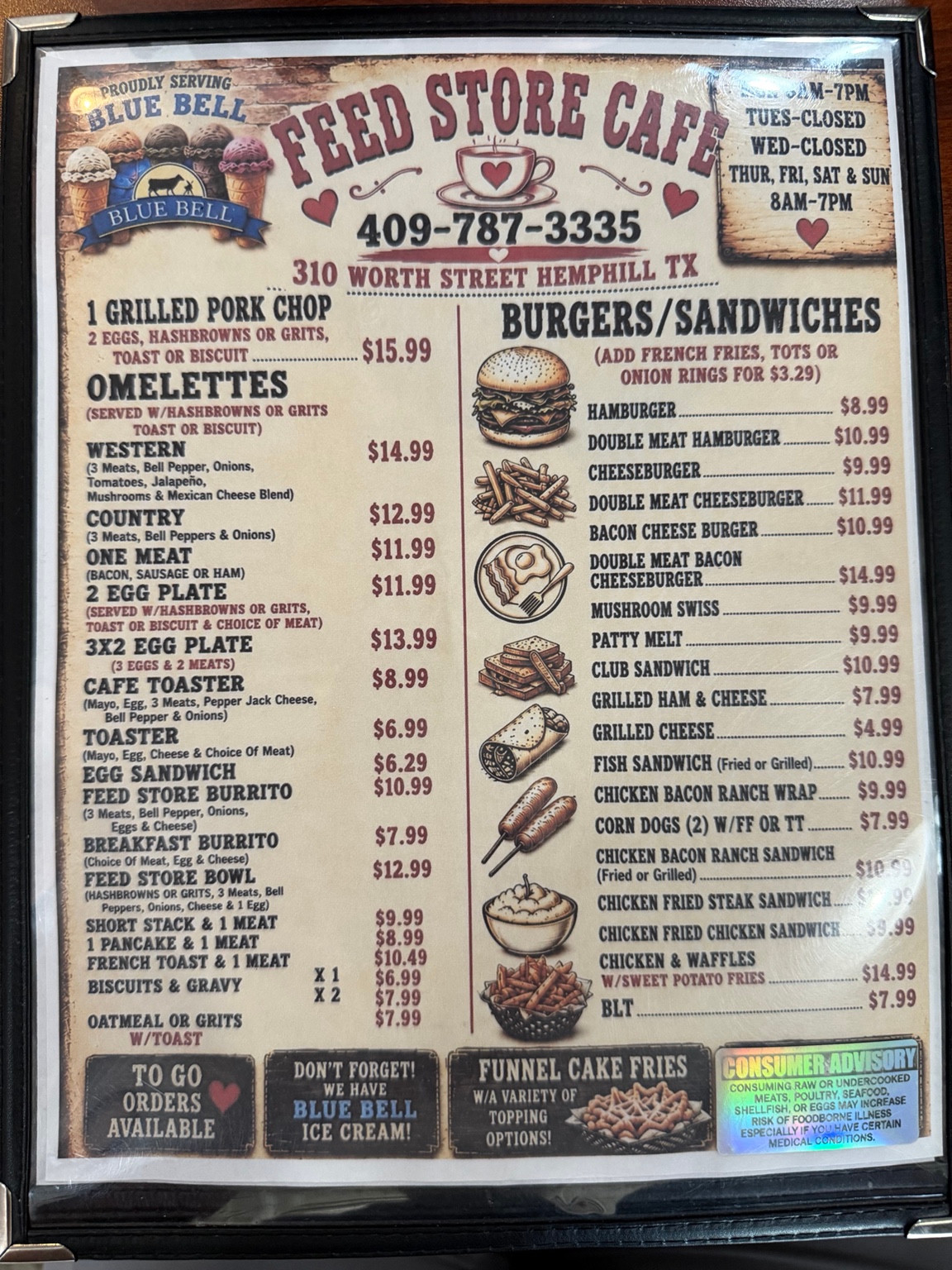Original printed menu for Feed Store Cafe, page 1