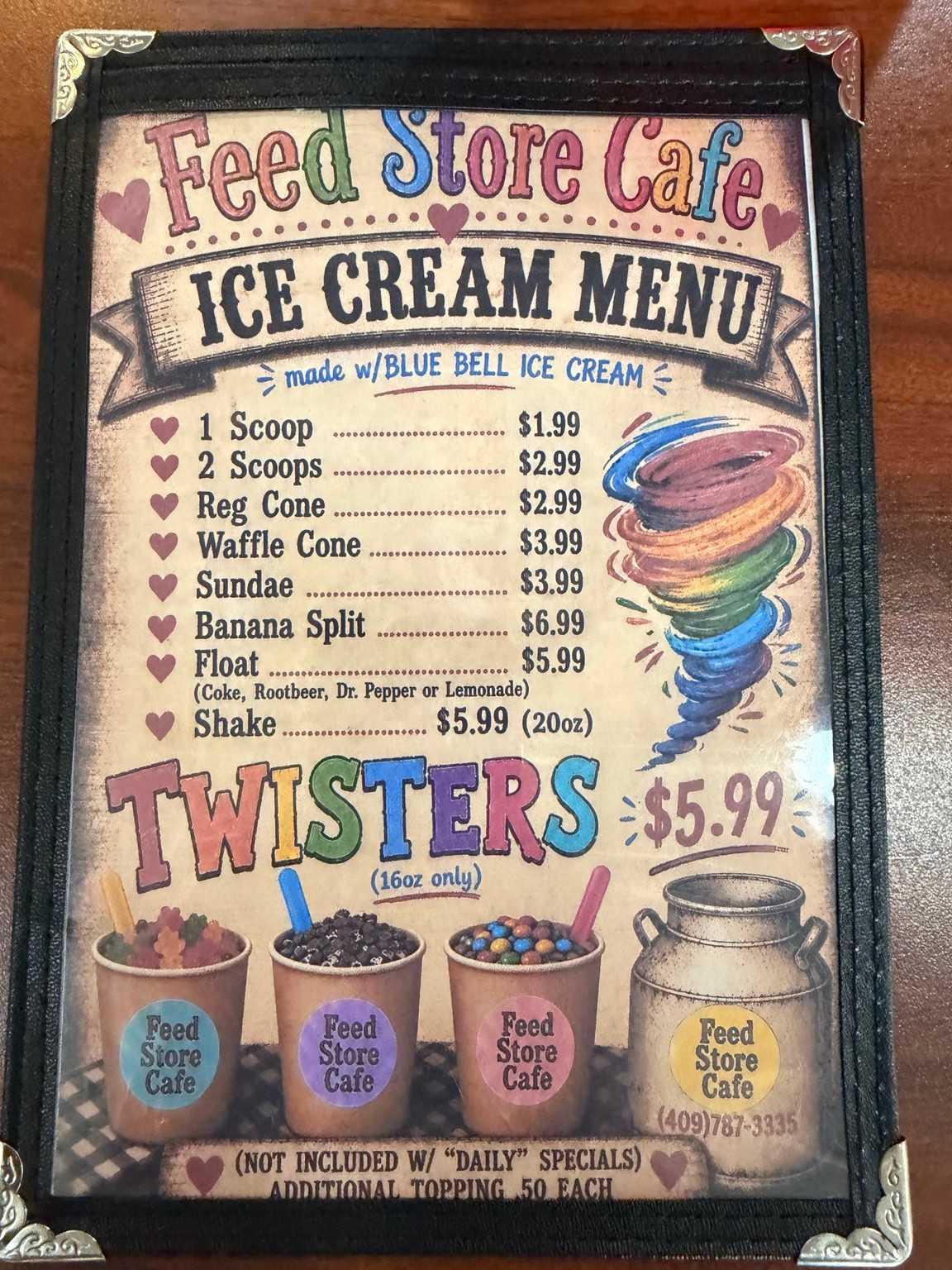 Original printed menu for Feed Store Cafe, page 3