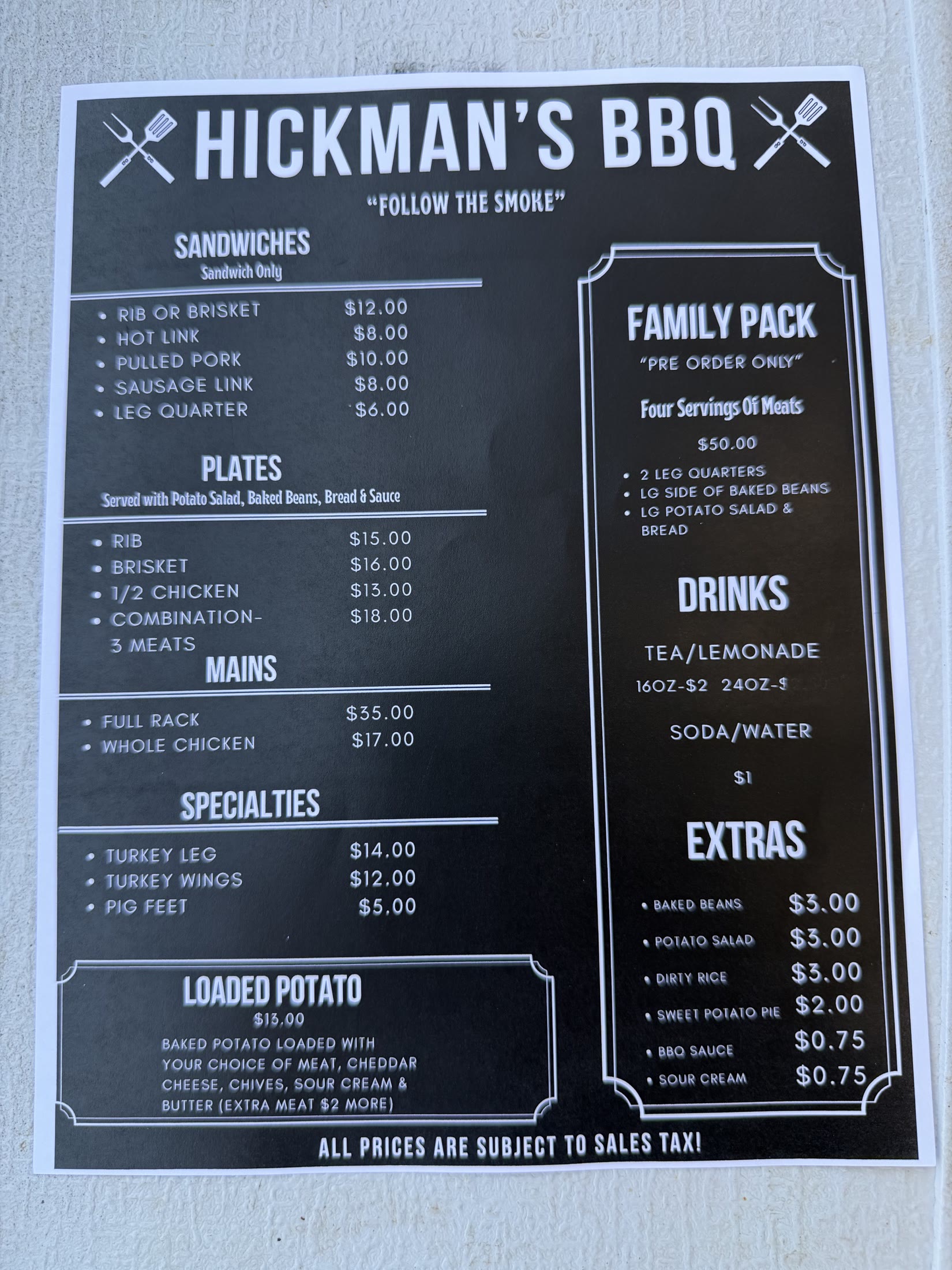 Original printed menu for Hickman's BBQ, page 1