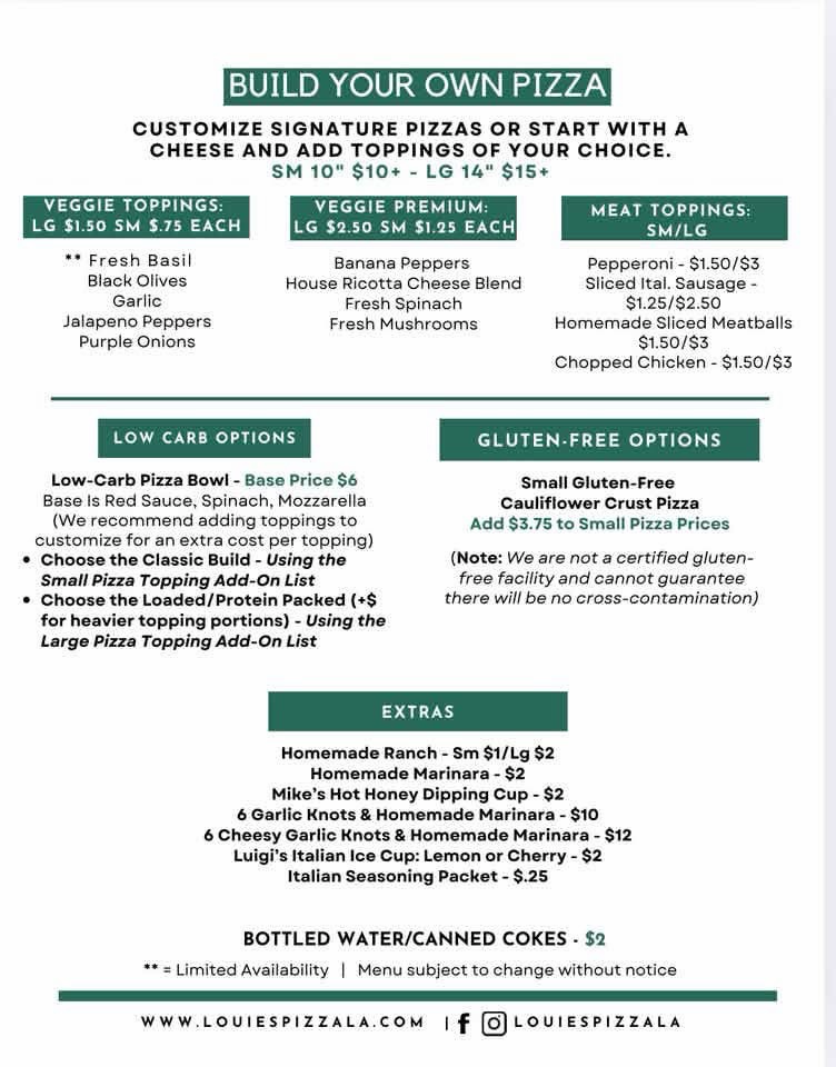 Original printed menu for Louie’s Pizza, page 2